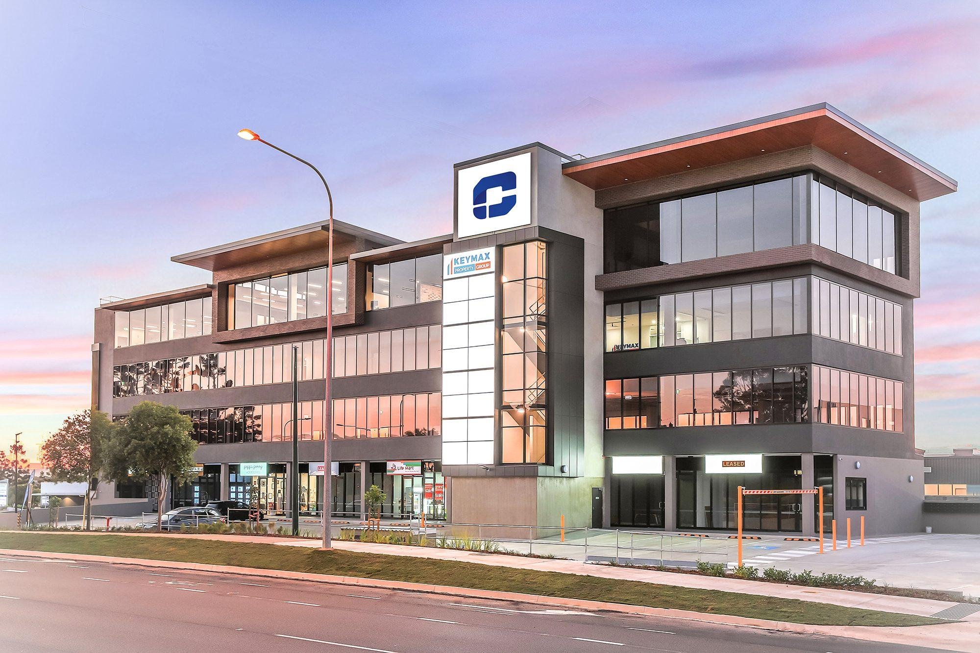 Commercial building exterior with signage and street frontage