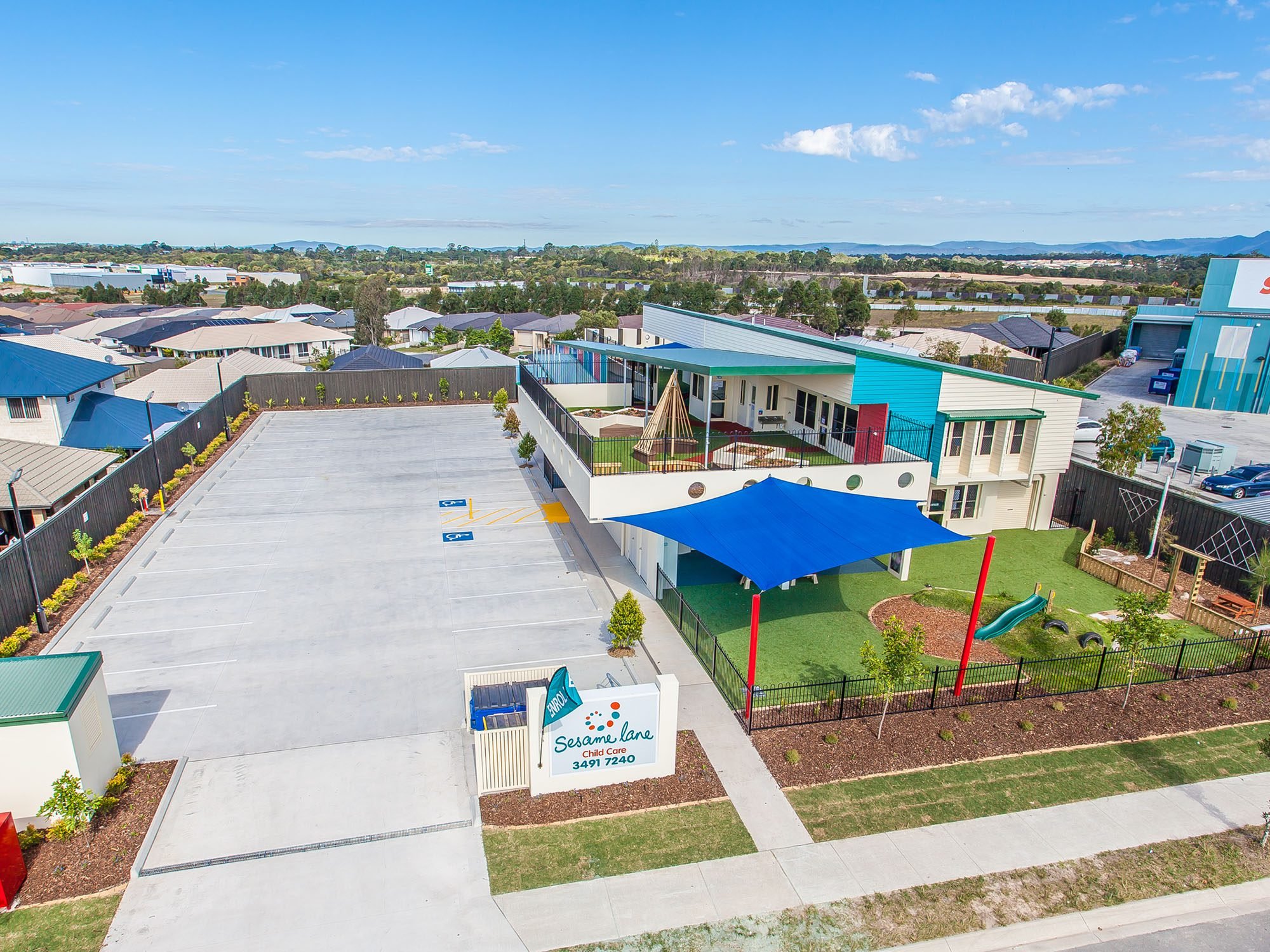 Aerial view of an early learning centre and its play areas