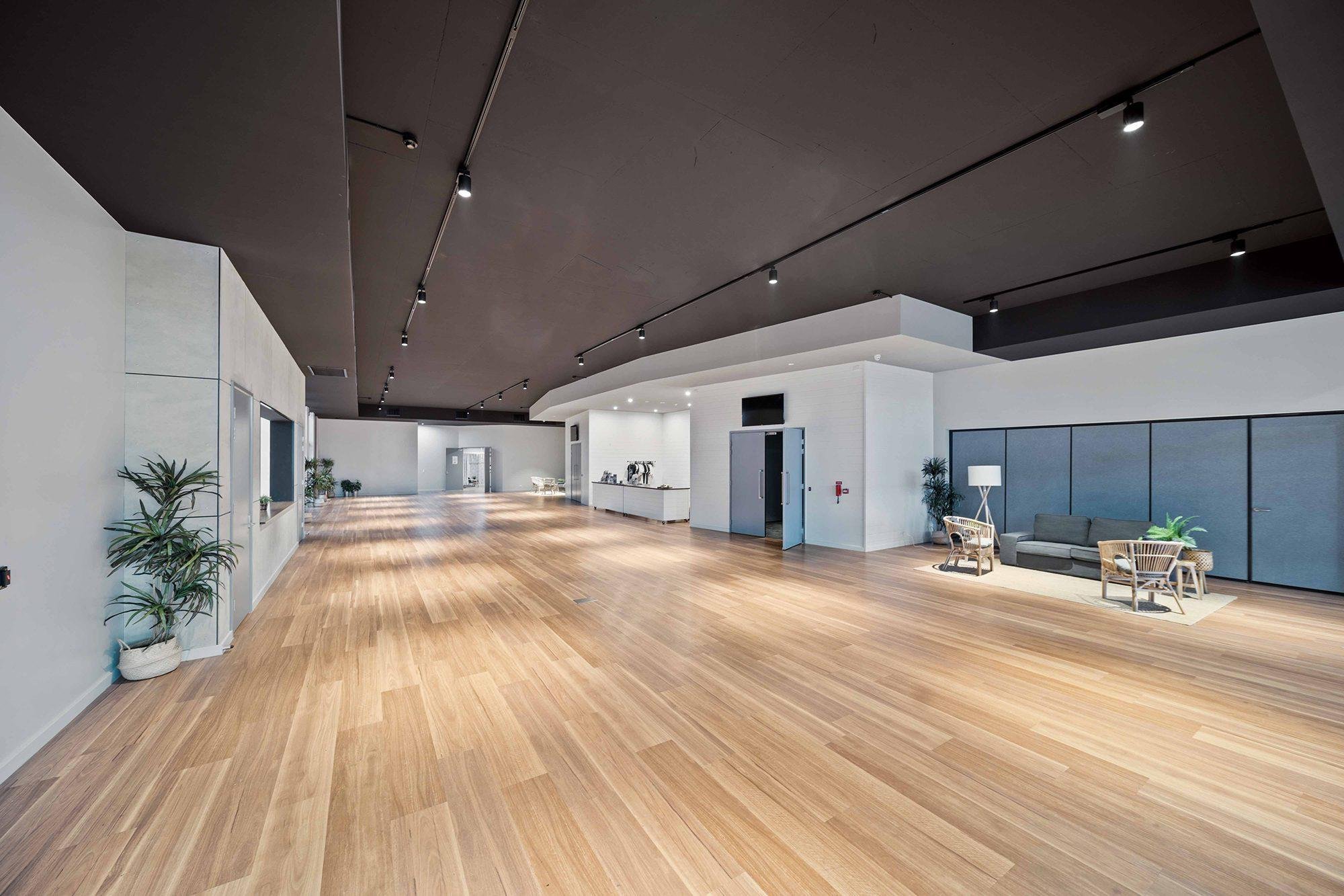Foyer with angled ceiling and glazing