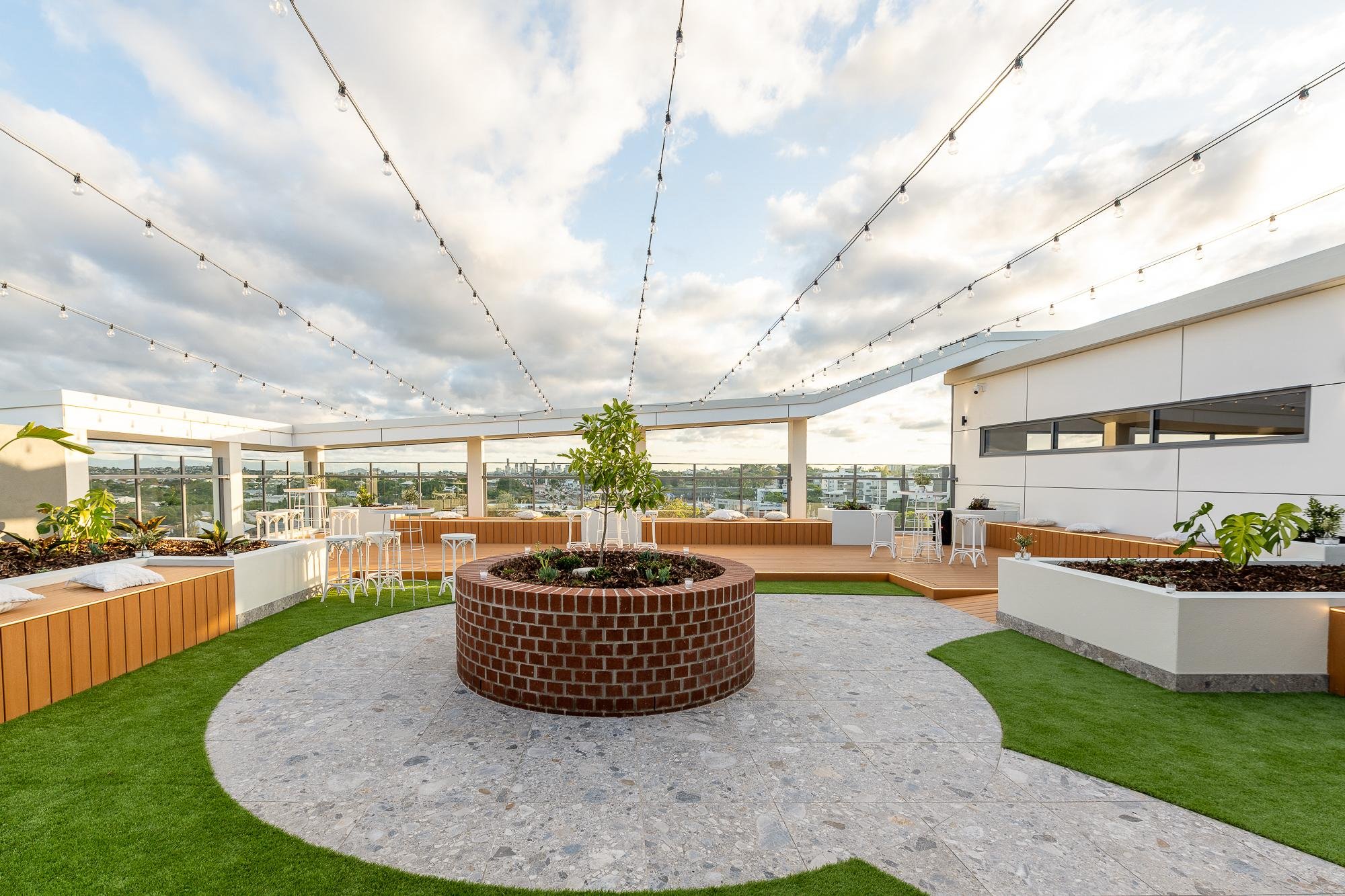 Rooftop terrace with festoon lighting