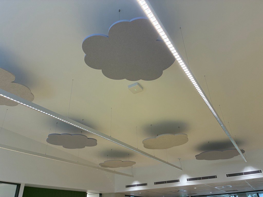 Linear LED light runs between cloud-shaped acoustic ceiling panels