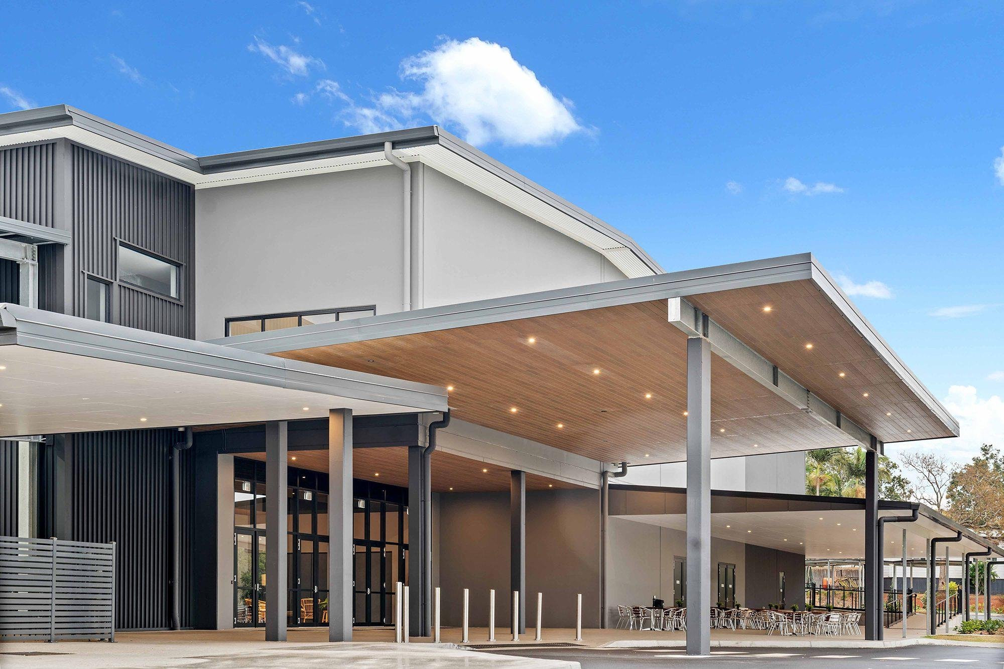 Building exterior with covered entry