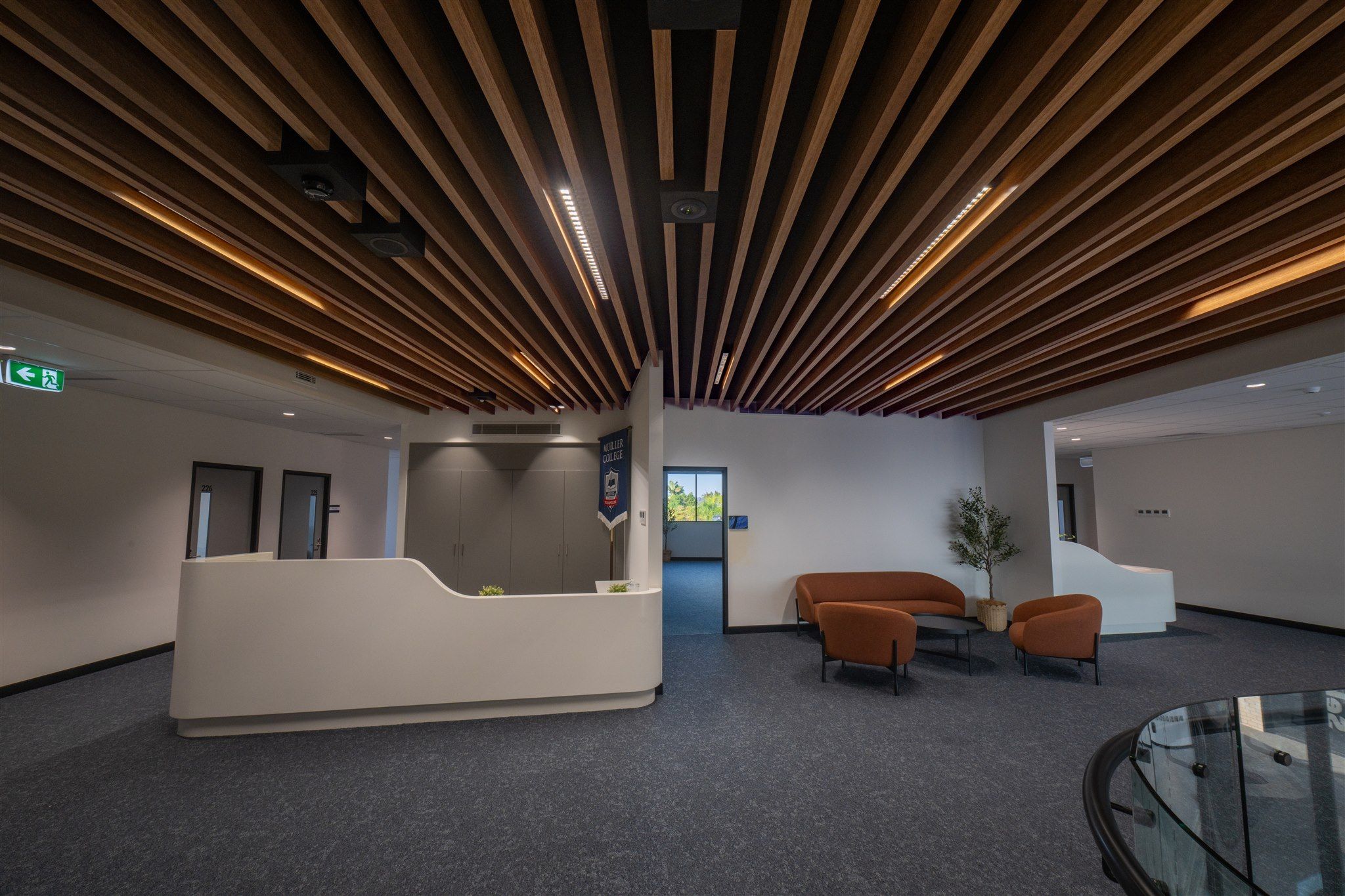 Reception lounge with curved joinery and downlighting