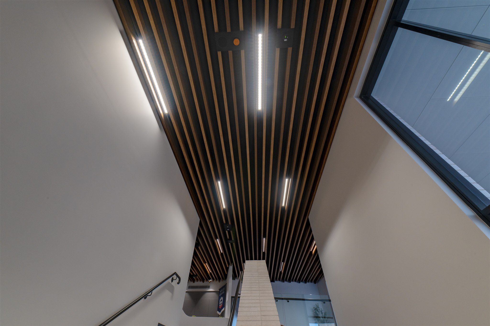 Linear ceiling lighting detail in a circulation space