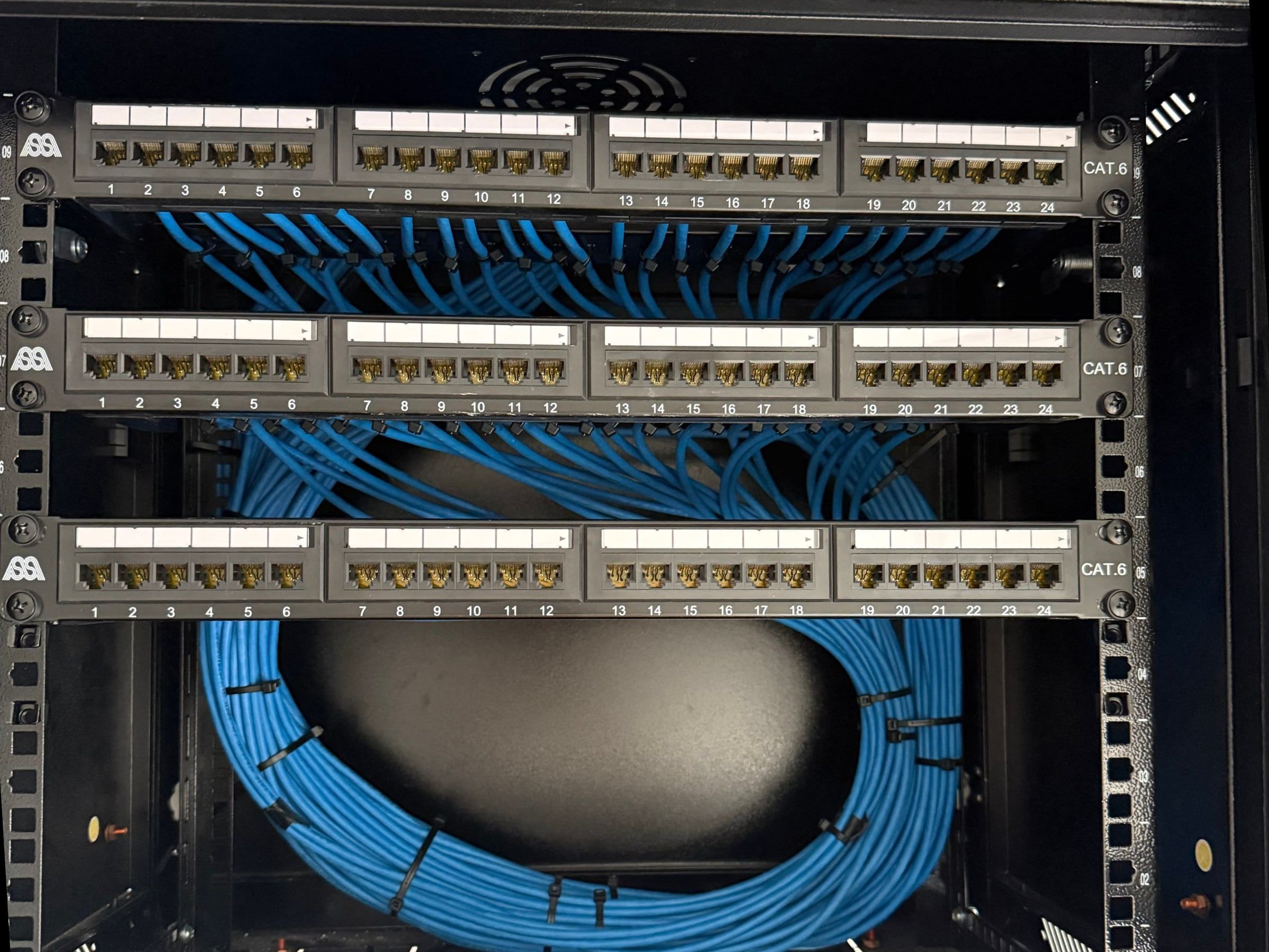 Network rack with patch panels and blue Cat6 cabling